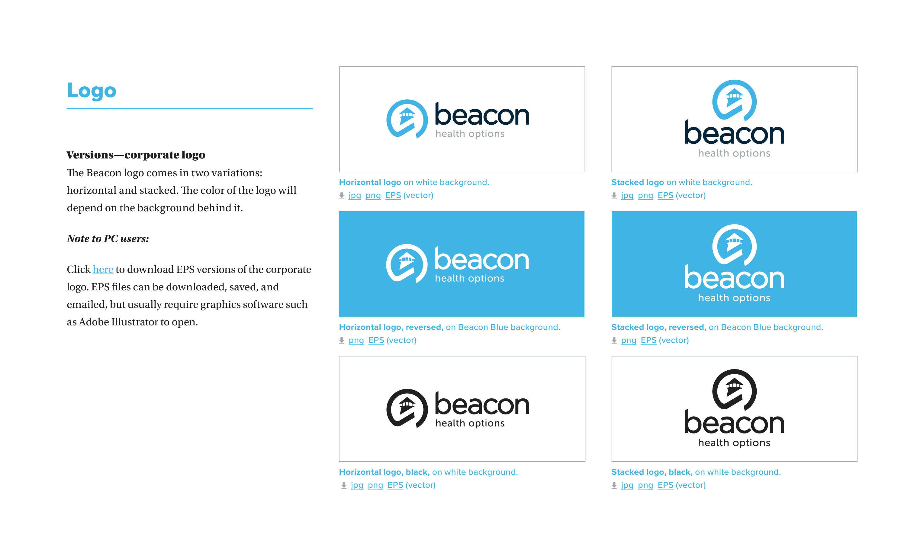 Beacon Health Options brand guidelines — the corporate logo in its horizontal and stacked versions, positive, reversed and black
