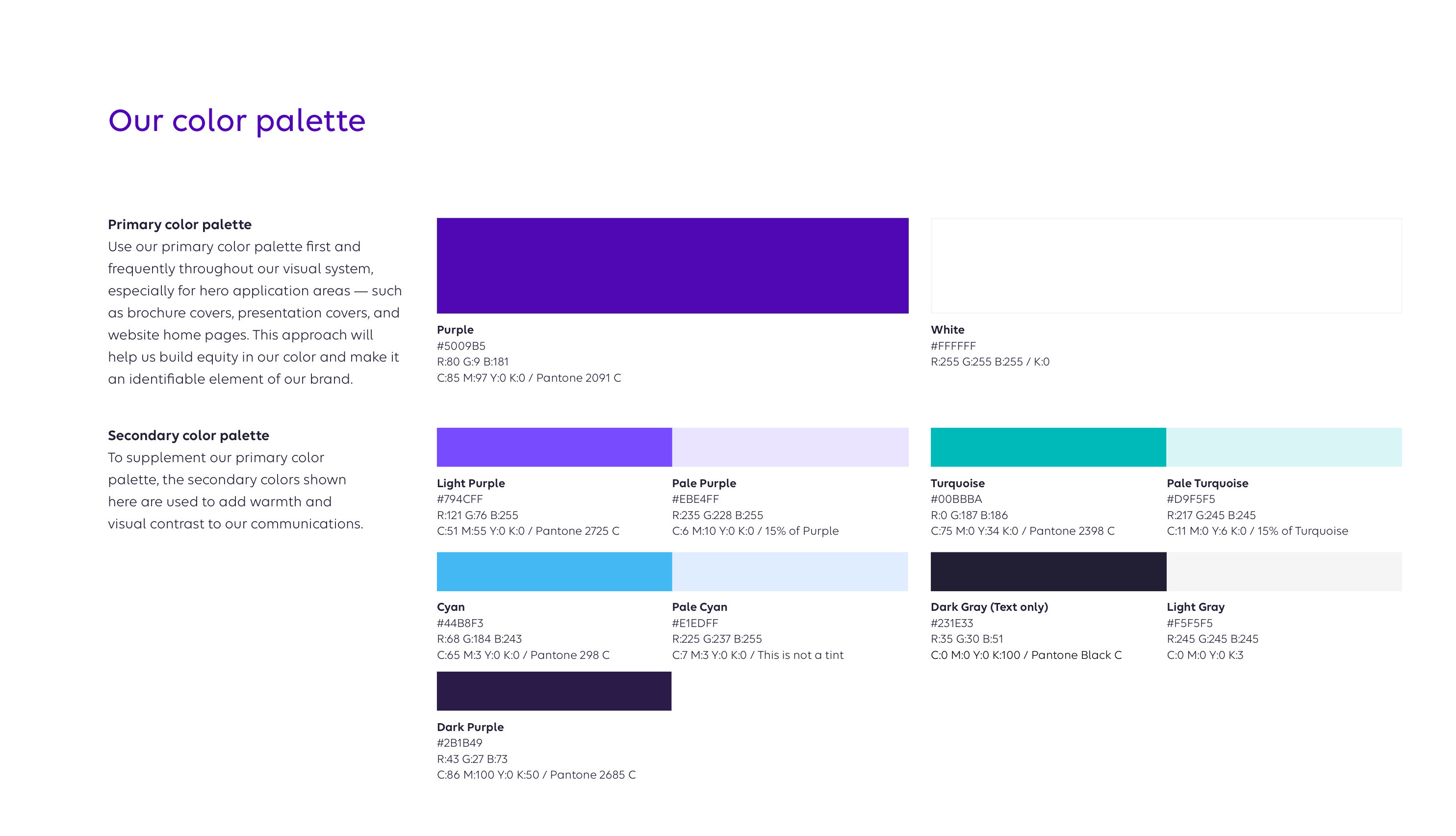 Carelon brand guidelines — the colour palette: primary purple and white, with a secondary palette of purples, cyans and greys