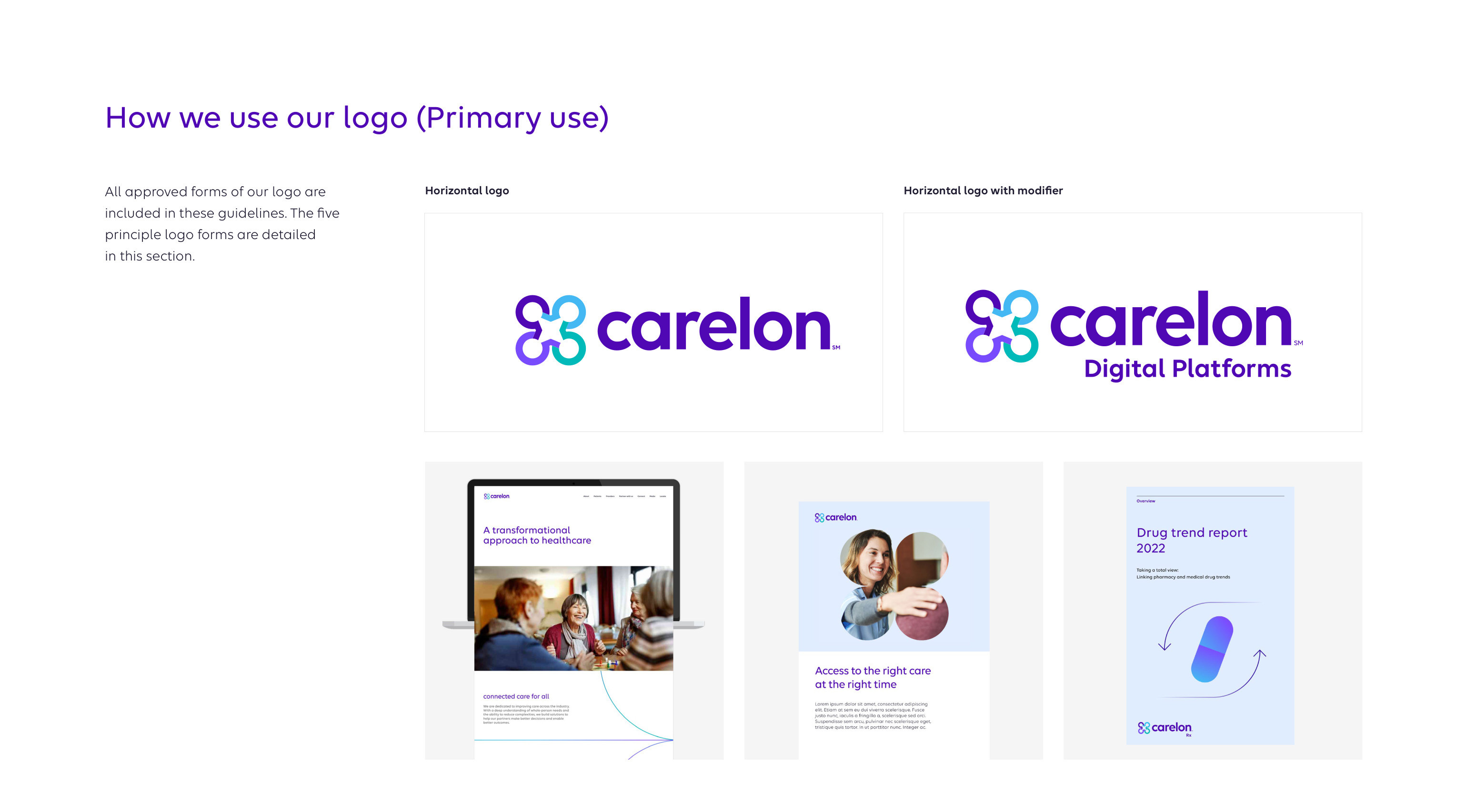 Carelon brand guidelines — how we use our logo: the horizontal logo, the logo with modifier, and the forms in use