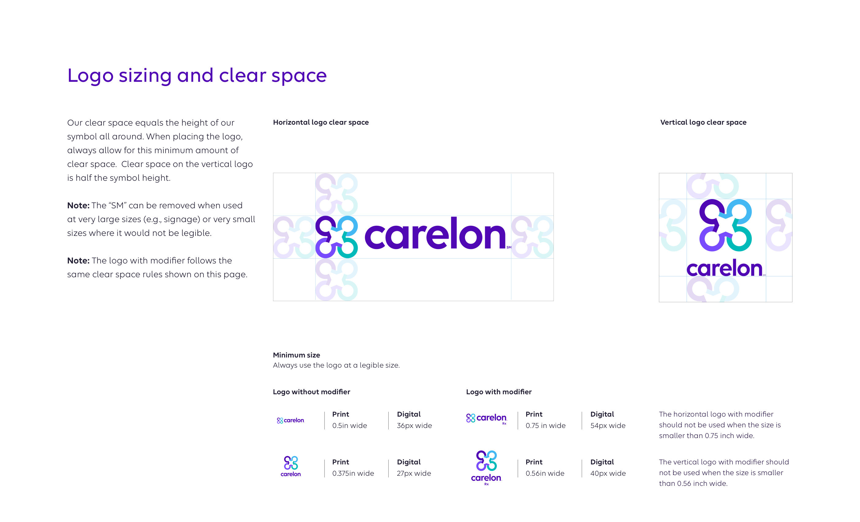 Carelon brand guidelines — logo sizing and clear space, with minimum sizes in print and digital