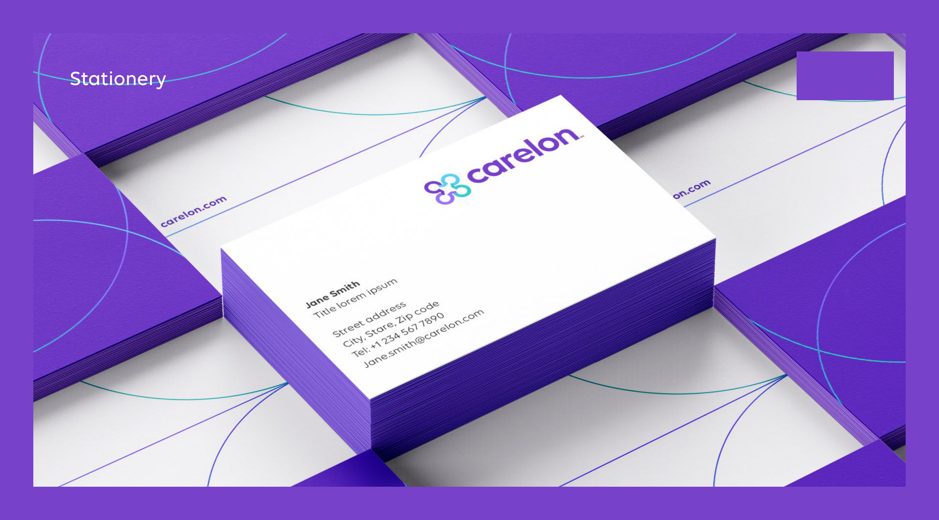 Carelon brand guidelines — stationery: business cards and letterhead on the purple supergraphic