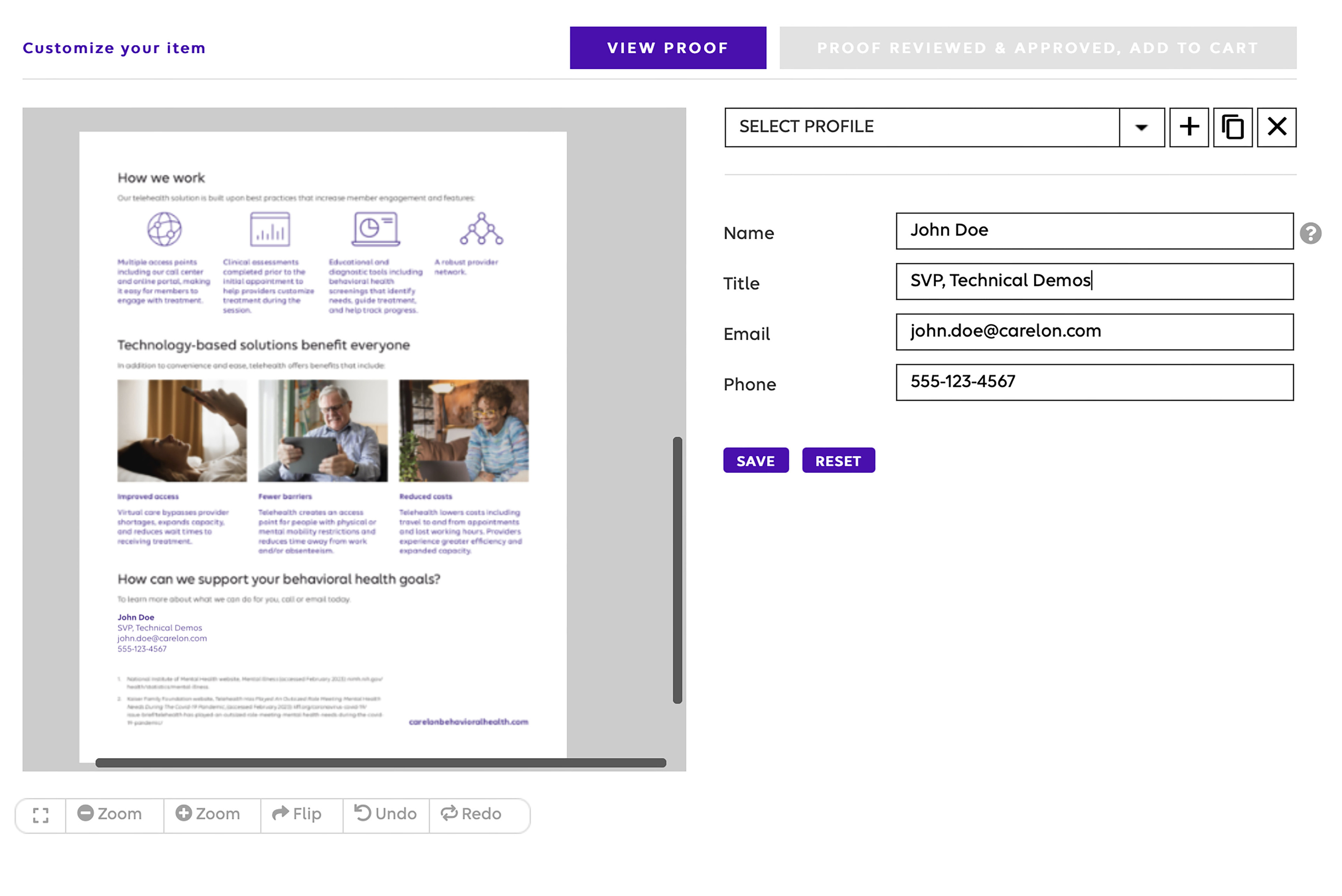 Configuring a sales capability document — placeholder image and content areas populate from the form