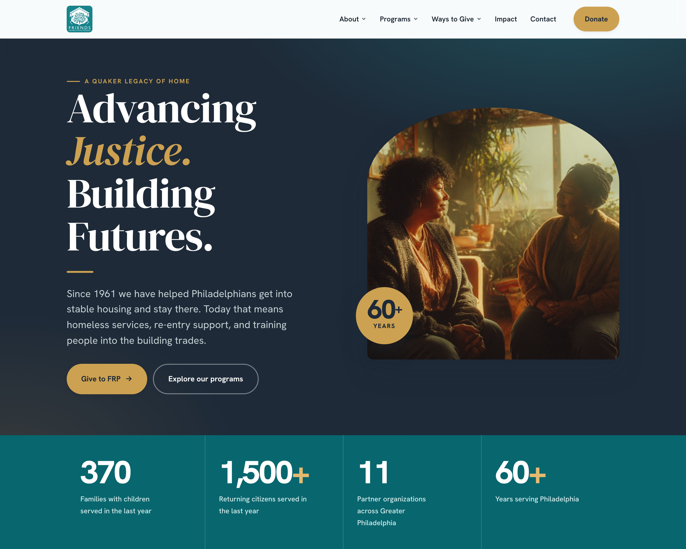 FRP — the new homepage: Advancing Justice. Building Futures., with the four figures under it