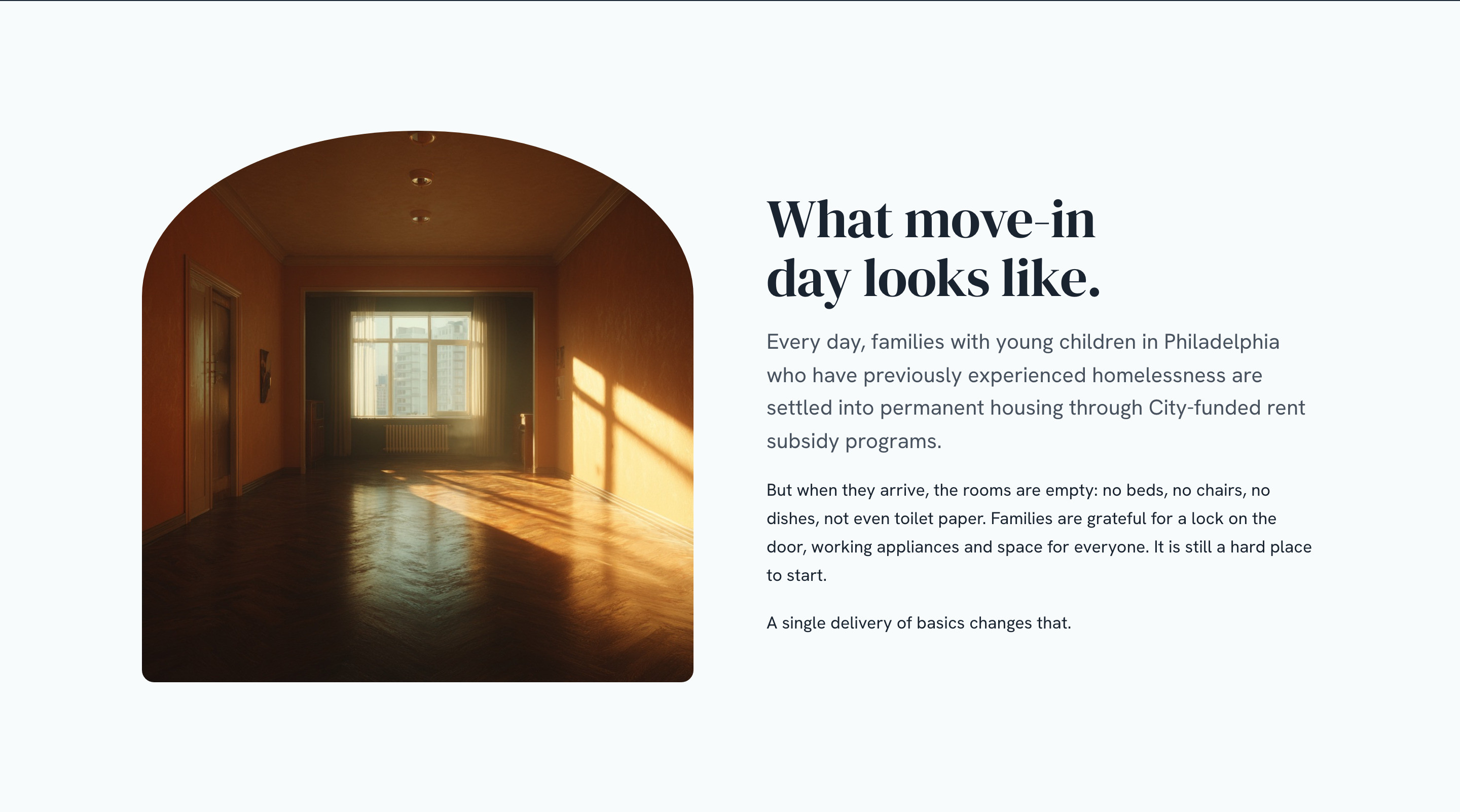 FRP — the Housewarming Fund: what move-in day looks like, an empty room with sun on the floor