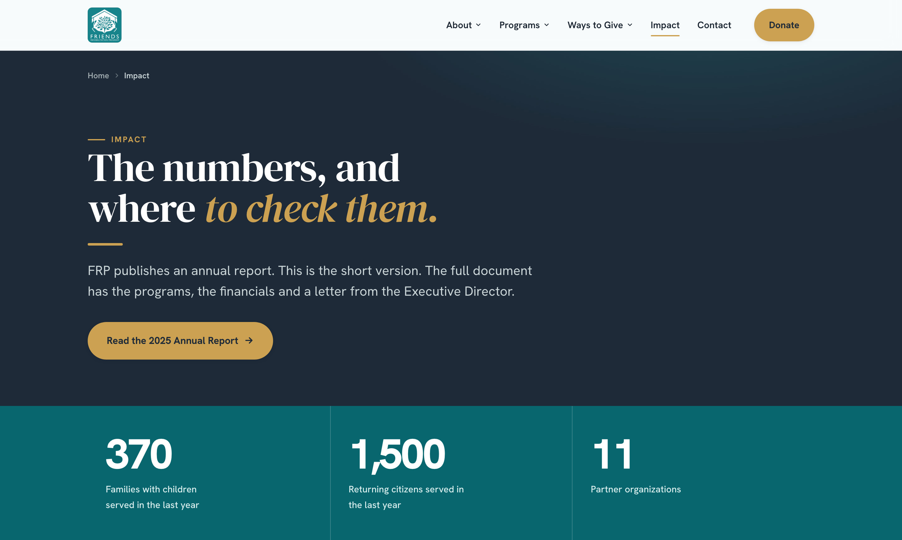 FRP — Impact: the numbers, and where to check them — 370 families, 1,500 returning citizens, 11 partner organizations