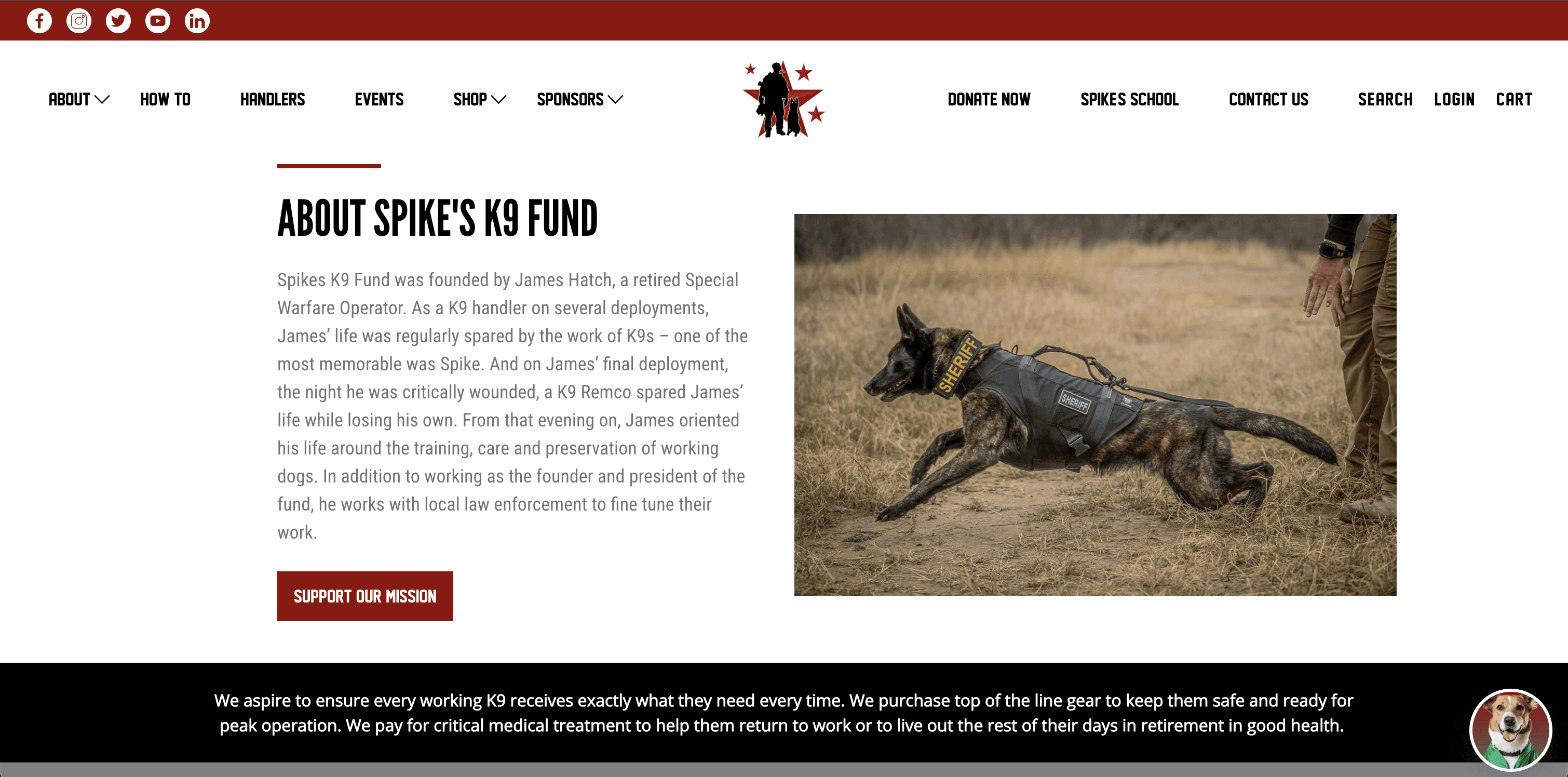 Spike's K9 Fund website — About Spike's, founder Jim Hatch's story and a working dog