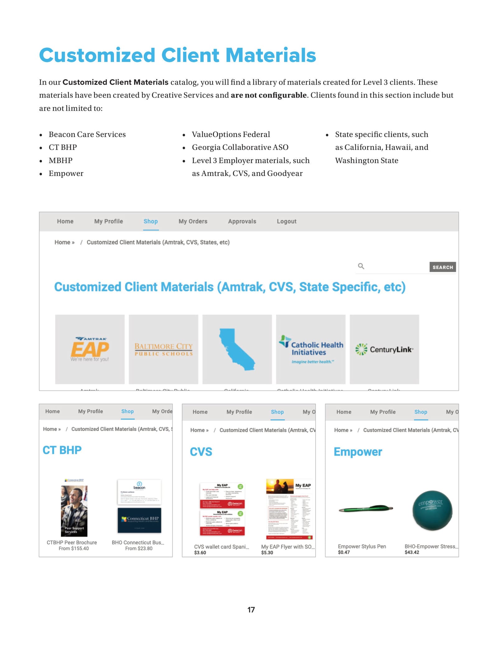 The customized client materials catalog, with logos for Amtrak, Baltimore City Public Schools, California, Catholic Health Initiatives and CenturyLink