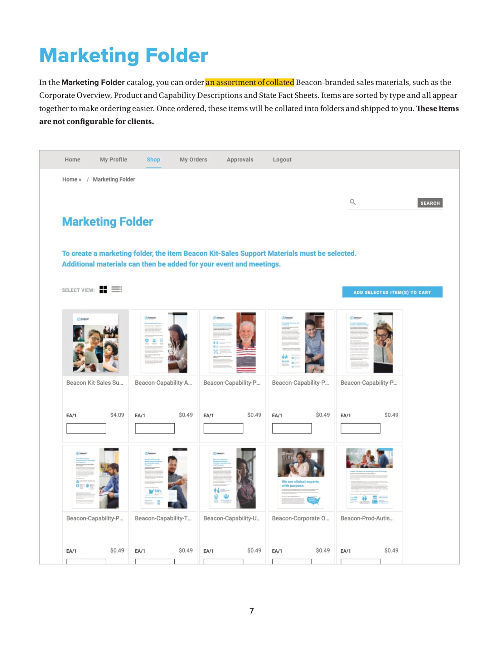 The Marketing Folder catalog — collated sales materials selected and added to cart