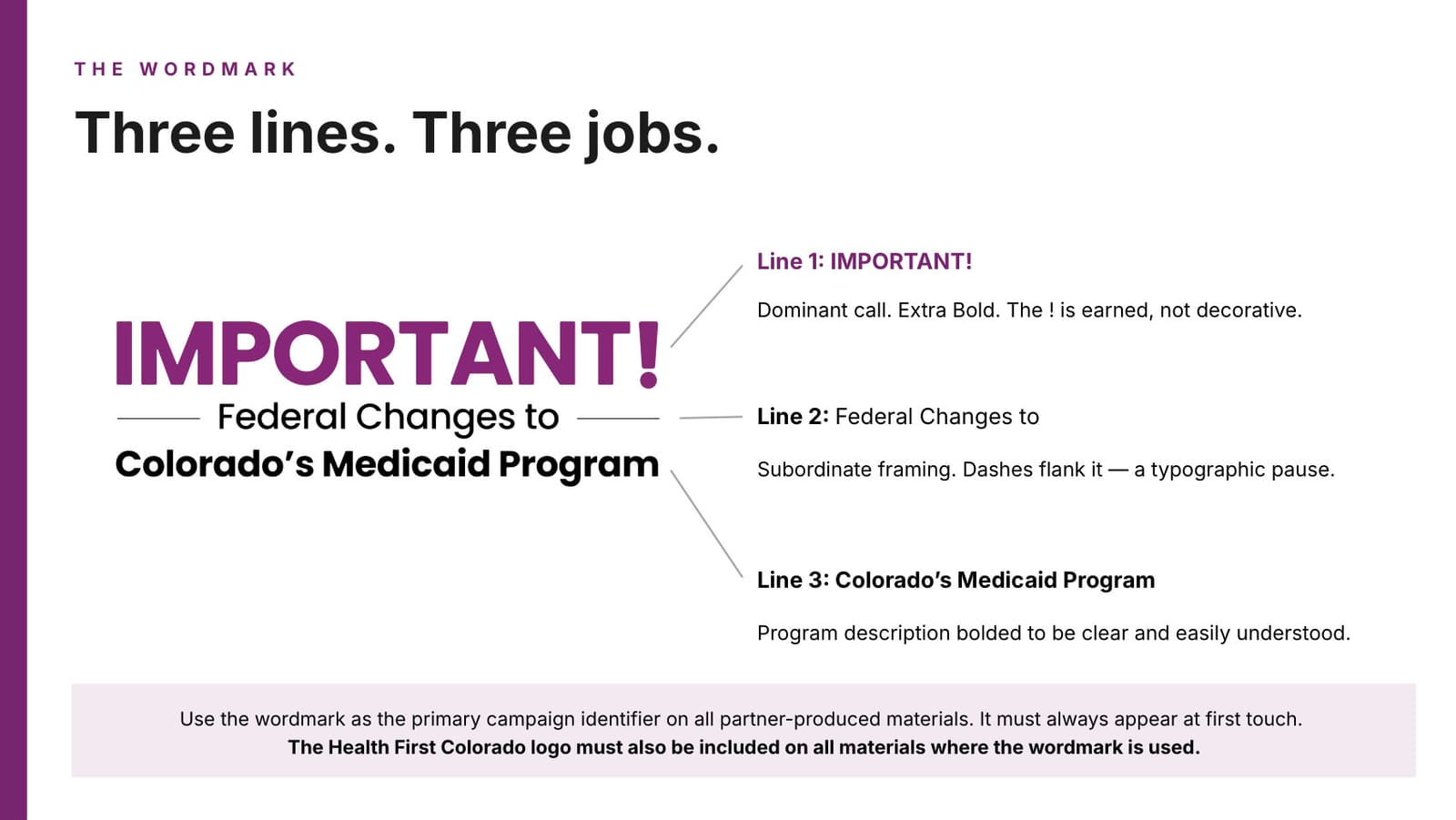 Wordmark anatomy — three lines, three jobs: IMPORTANT!, the federal-changes framing, and the program name