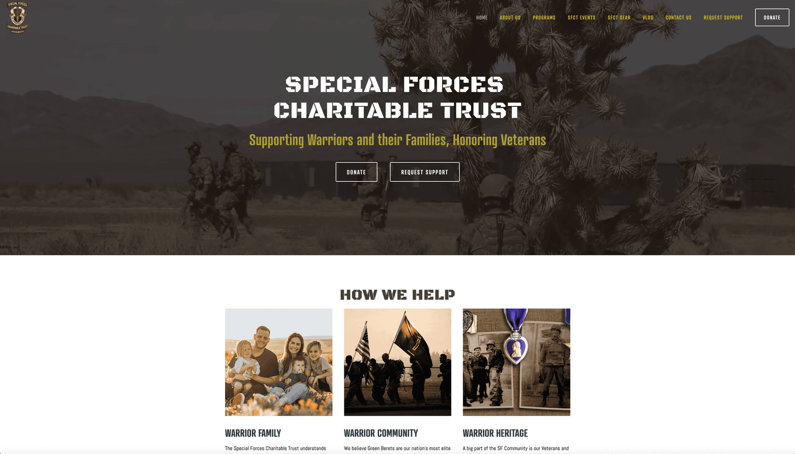 Special Forces Trust website — Supporting Warriors and their Families, with a How We Help section