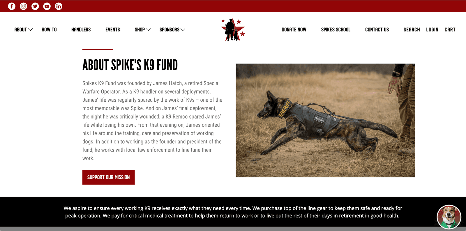 Spike's K9 Fund website — About Spike's, founder Jim Hatch's story and a working dog